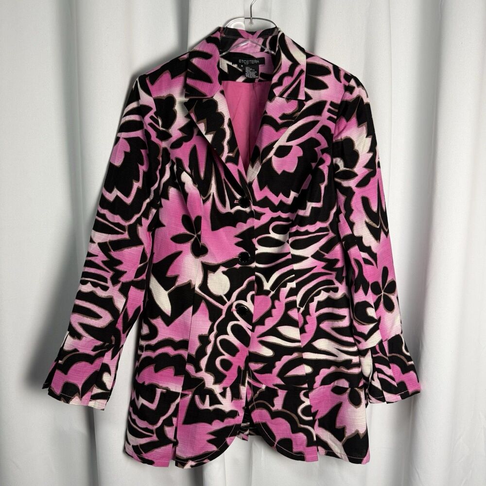 Etcetera Pink Black White Abstract Print Silk Blend Long Jacket Sz 8